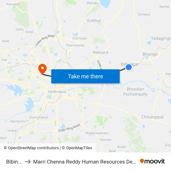 Bibinagar to Marri Chenna Reddy Human Resources Development Institute map