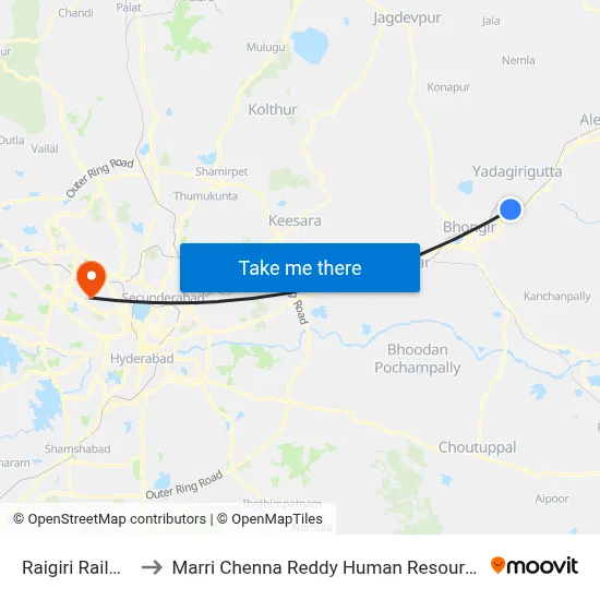 Raigiri Railway Station to Marri Chenna Reddy Human Resources Development Institute map
