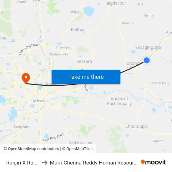 Raigiri X Road Bhongiri to Marri Chenna Reddy Human Resources Development Institute map