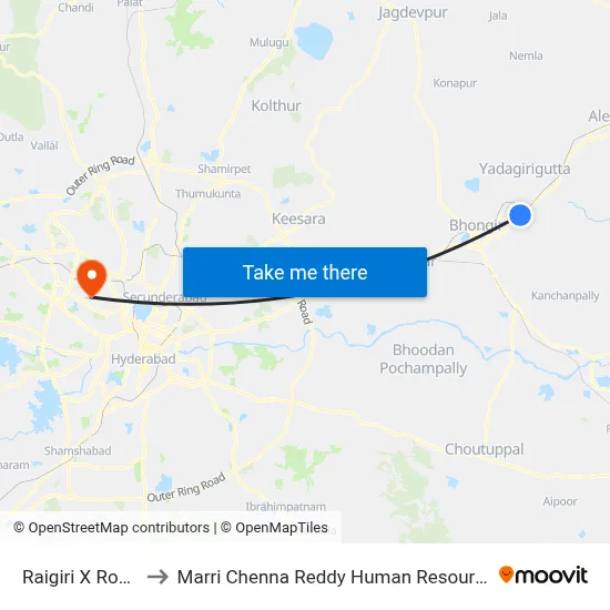 Raigiri X Road Bhongiri to Marri Chenna Reddy Human Resources Development Institute map