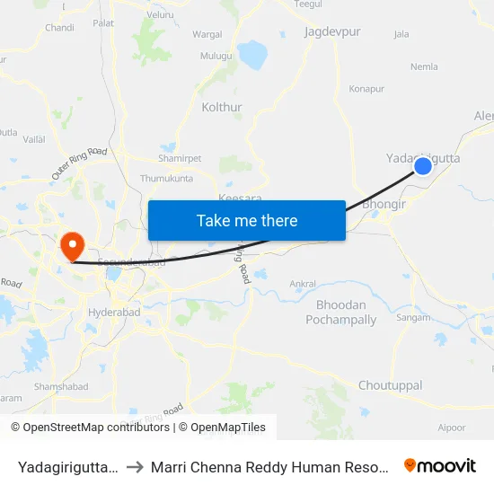 Yadagirigutta Bus Station to Marri Chenna Reddy Human Resources Development Institute map