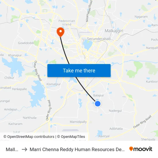 Mallapur to Marri Chenna Reddy Human Resources Development Institute map
