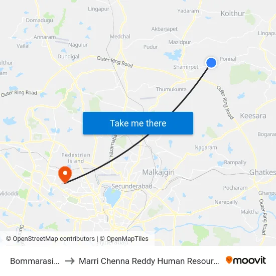 Bommarasipet Village to Marri Chenna Reddy Human Resources Development Institute map