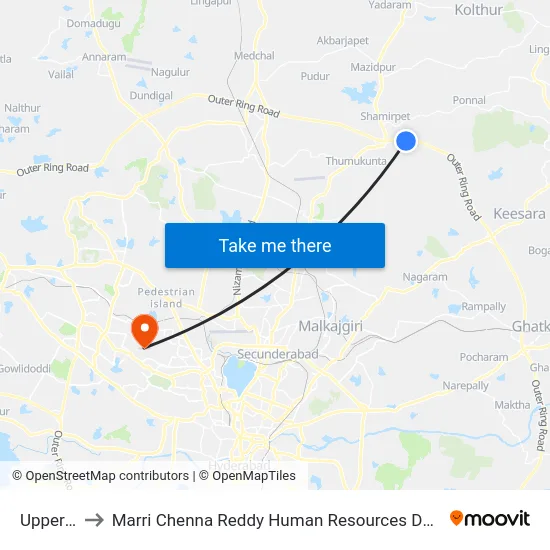Upperpally to Marri Chenna Reddy Human Resources Development Institute map