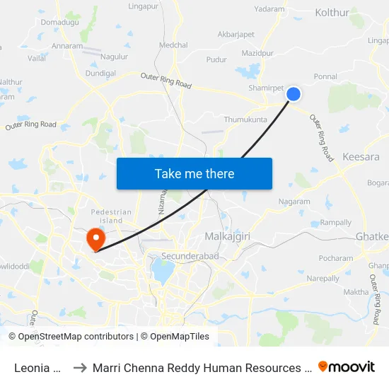 Leonia Resorts to Marri Chenna Reddy Human Resources Development Institute map