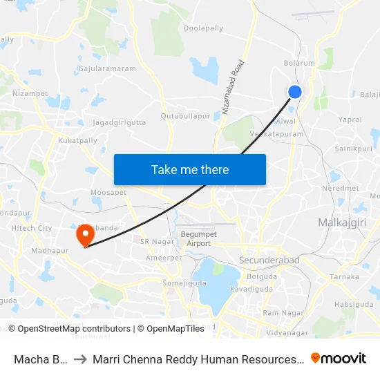 Macha Bolaram to Marri Chenna Reddy Human Resources Development Institute map