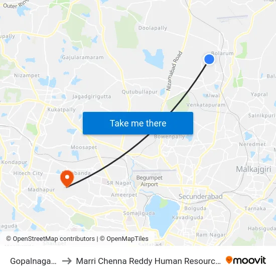 Gopalnagar X Roads to Marri Chenna Reddy Human Resources Development Institute map