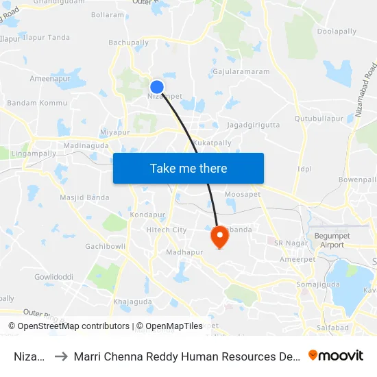 Nizampet to Marri Chenna Reddy Human Resources Development Institute map