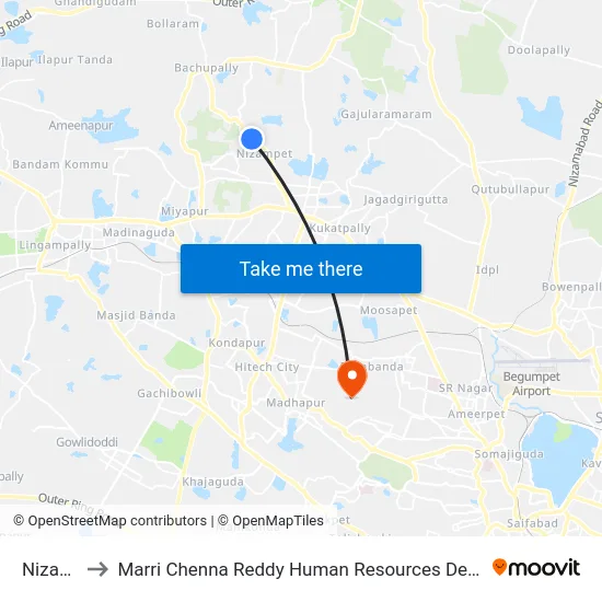 Nizampet to Marri Chenna Reddy Human Resources Development Institute map