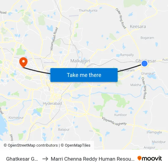 Ghatkesar Gandhi Statue to Marri Chenna Reddy Human Resources Development Institute map