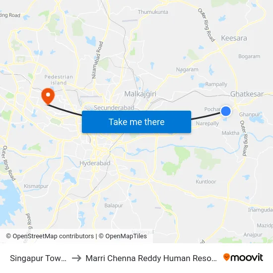 Singapur Township X Road to Marri Chenna Reddy Human Resources Development Institute map