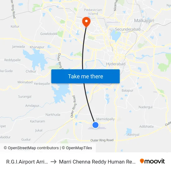 R.G.I.Airport Arrivals Pickup Gate to Marri Chenna Reddy Human Resources Development Institute map