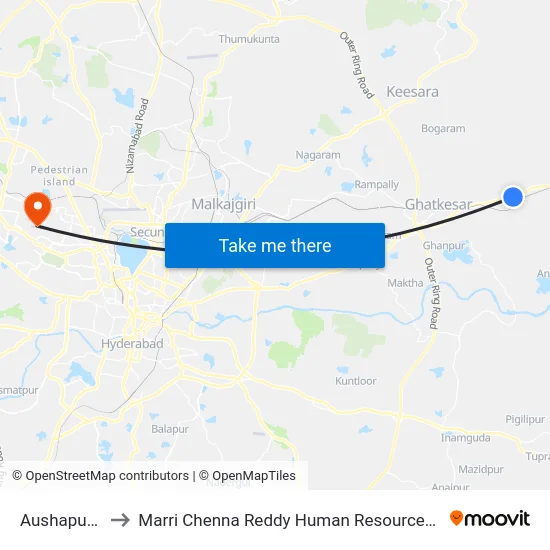 Aushapur Village to Marri Chenna Reddy Human Resources Development Institute map