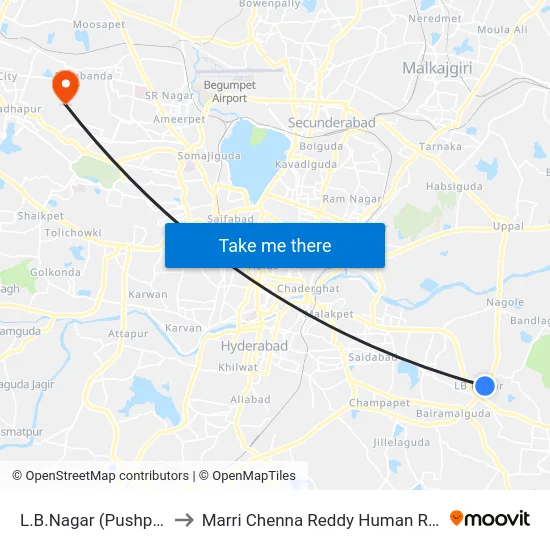 L.B.Nagar (Pushpak Airport Bus Stop) to Marri Chenna Reddy Human Resources Development Institute map