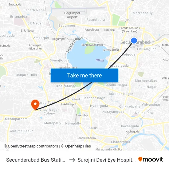 Secunderabad Bus Station to Surojini Devi Eye Hospital map