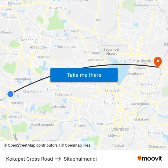 Kokapet Cross Road to Sitaphalmandi map