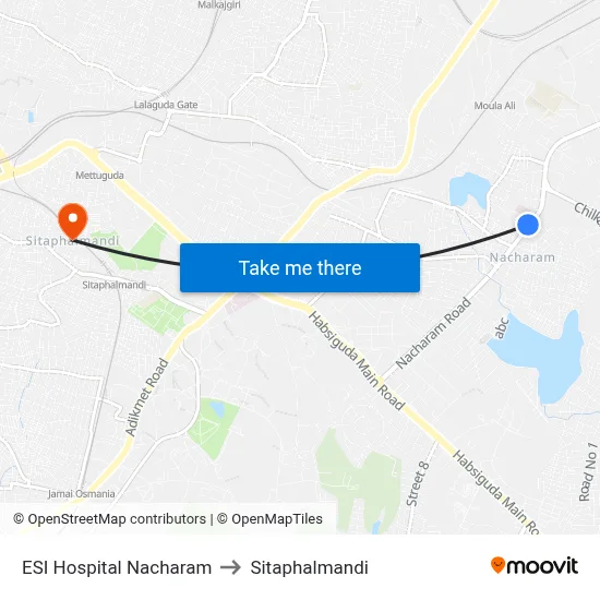 ESI Hospital Nacharam to Sitaphalmandi map
