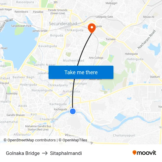 Golnaka Bridge to Sitaphalmandi map