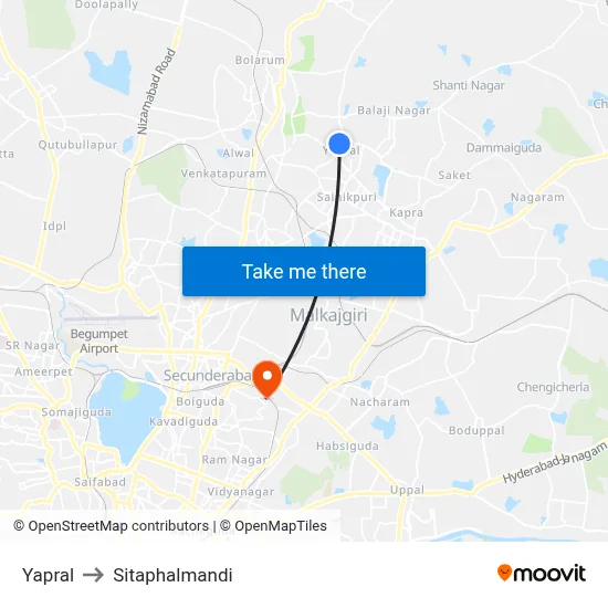 Yapral to Sitaphalmandi map