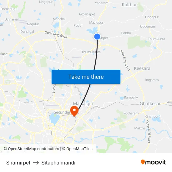 Shamirpet to Sitaphalmandi map