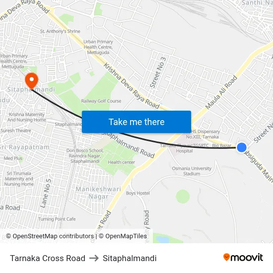 Tarnaka Cross Road to Sitaphalmandi map