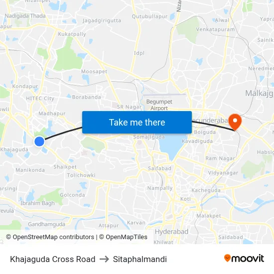 Khajaguda Cross Road to Sitaphalmandi map