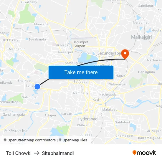 Toli Chowki to Sitaphalmandi map