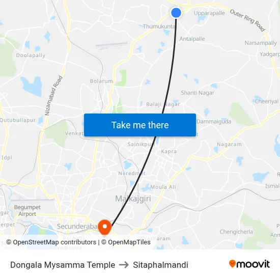 Dongala Mysamma Temple to Sitaphalmandi map