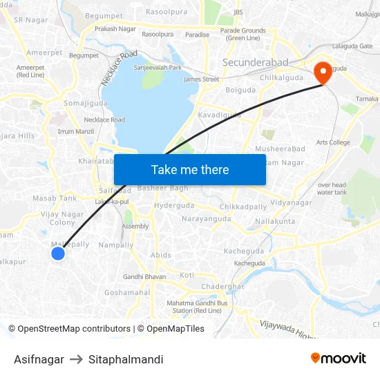 Asifnagar to Sitaphalmandi map
