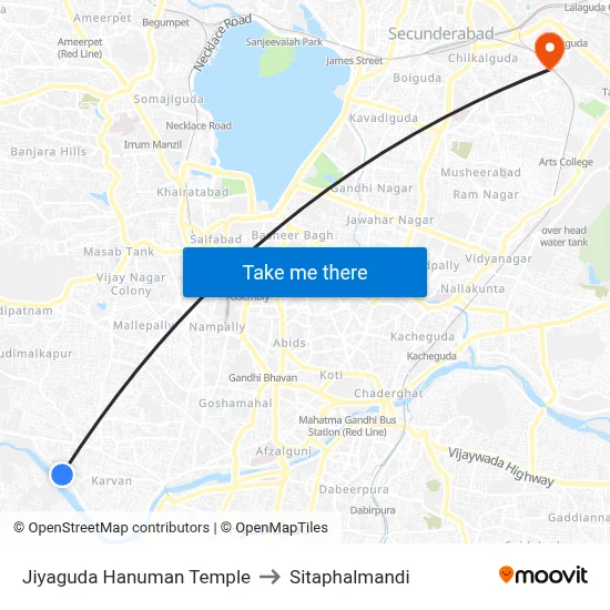 Jiyaguda Hanuman Temple to Sitaphalmandi map