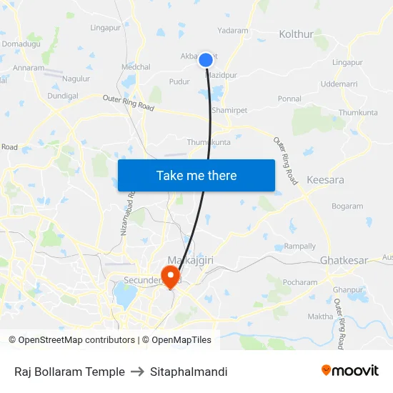 Raj Bollaram Temple to Sitaphalmandi map