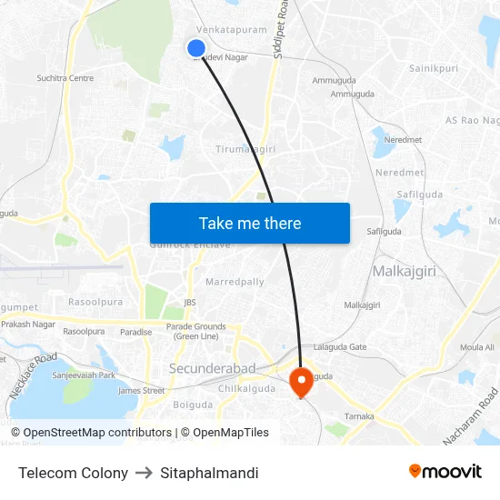 Telecom Colony to Sitaphalmandi map