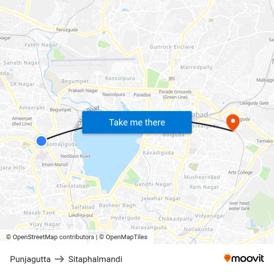 Punjagutta to Sitaphalmandi map
