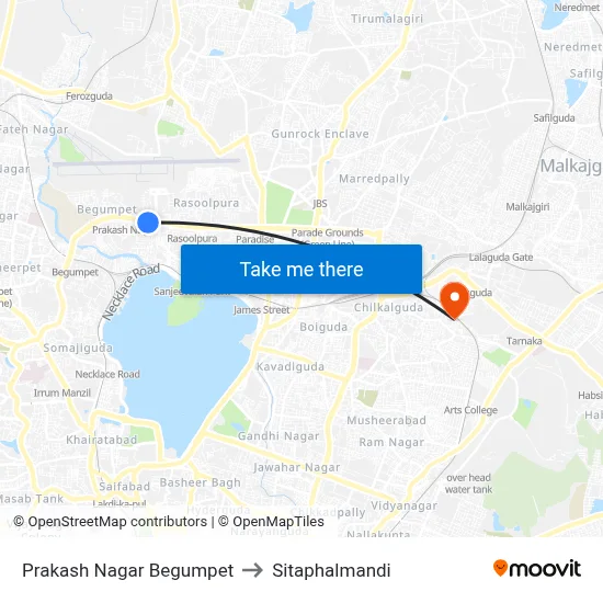 Prakash Nagar Begumpet to Sitaphalmandi map