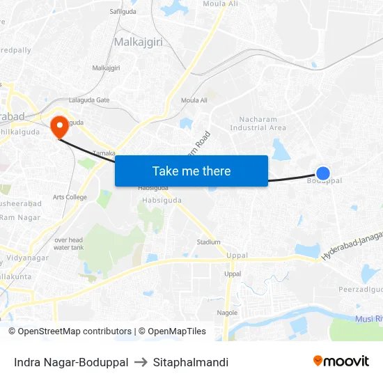 Indra Nagar-Boduppal to Sitaphalmandi map