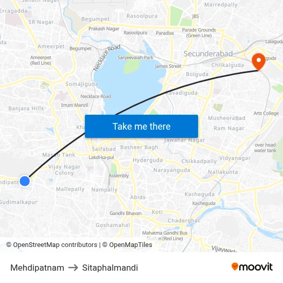 Mehdipatnam to Sitaphalmandi map