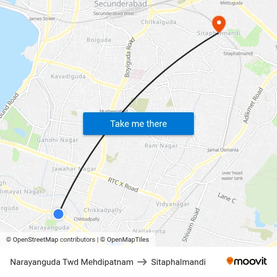 Narayanguda Twd Mehdipatnam to Sitaphalmandi map