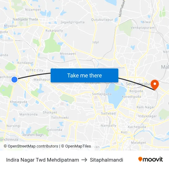 Indira Nagar Twd Mehdipatnam to Sitaphalmandi map