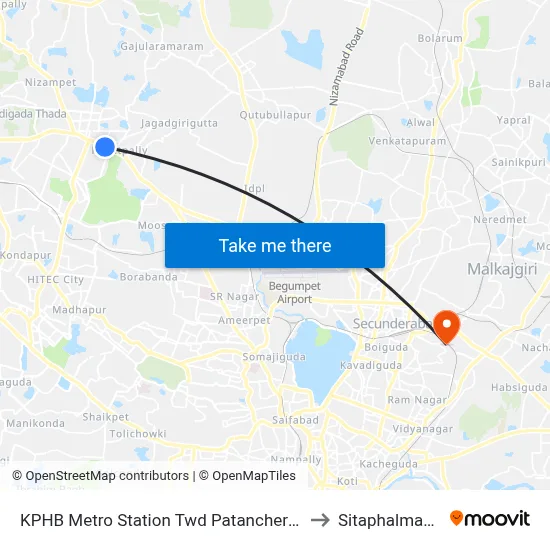 KPHB Metro Station Twd Patancheruvu to Sitaphalmandi map