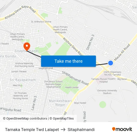 Tarnaka Temple Twd Lalapet to Sitaphalmandi map