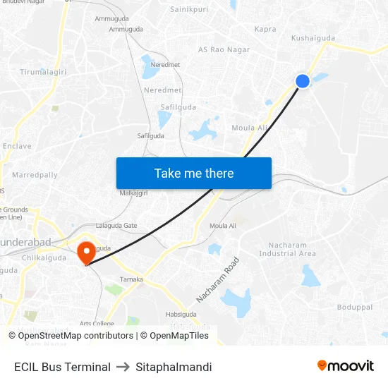 ECIL Bus Terminal to Sitaphalmandi map