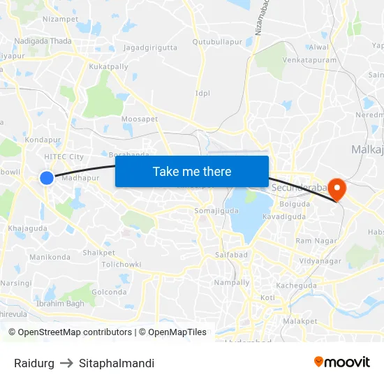 Raidurg to Sitaphalmandi map