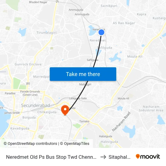 Neredmet Old Ps Bus Stop Twd Chennapur Ntr Statue to Sitaphalmandi map