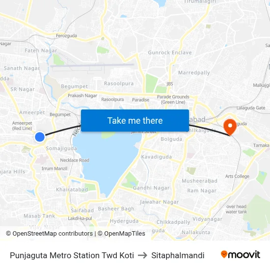 Punjaguta Metro Station Twd Koti to Sitaphalmandi map