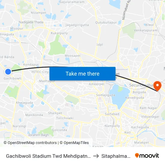 Gachibwoli Stadium Twd Mehdipatnam to Sitaphalmandi map