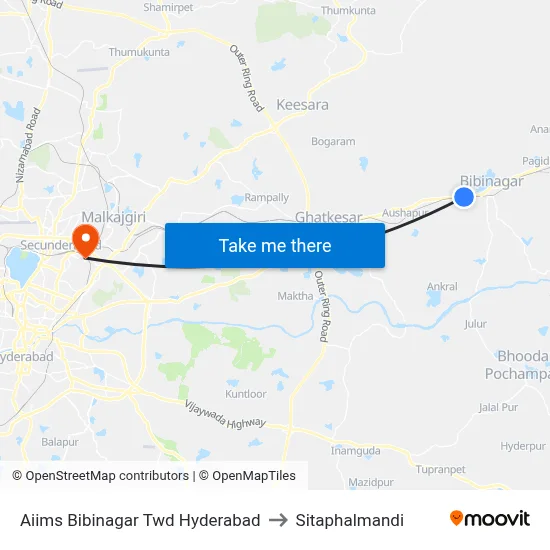 Aiims Bibinagar Twd Hyderabad to Sitaphalmandi map