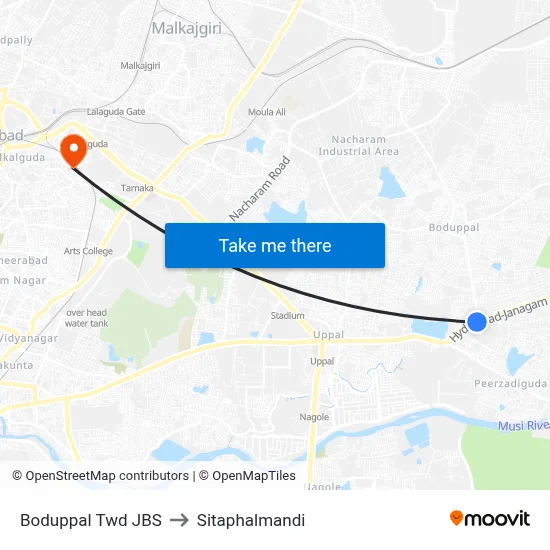 Boduppal Twd JBS to Sitaphalmandi map