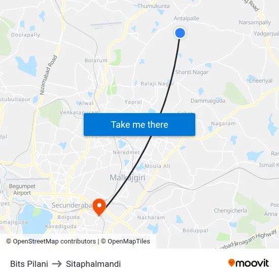 Bits Pilani to Sitaphalmandi map