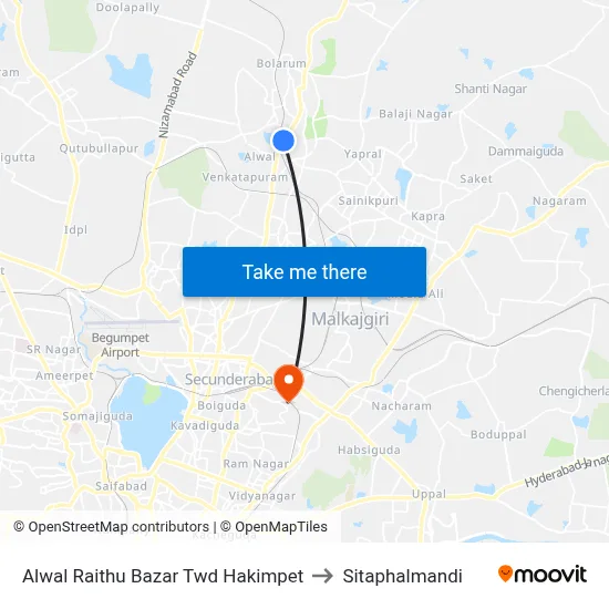 Alwal Raithu Bazar Twd Hakimpet to Sitaphalmandi map