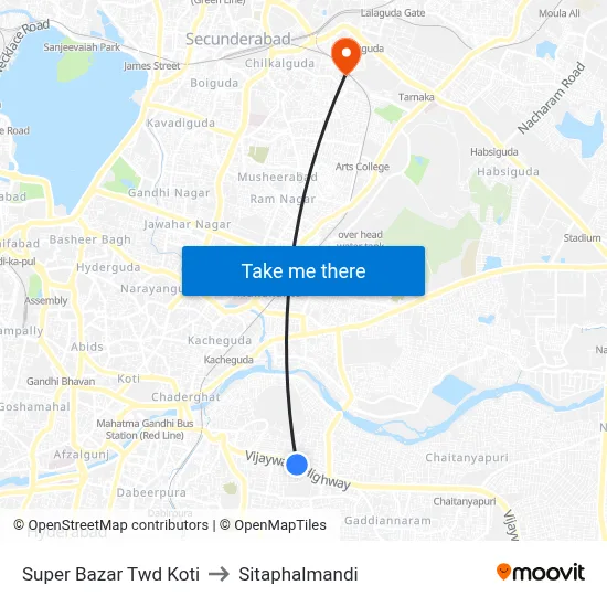 Super Bazar Twd Koti to Sitaphalmandi map